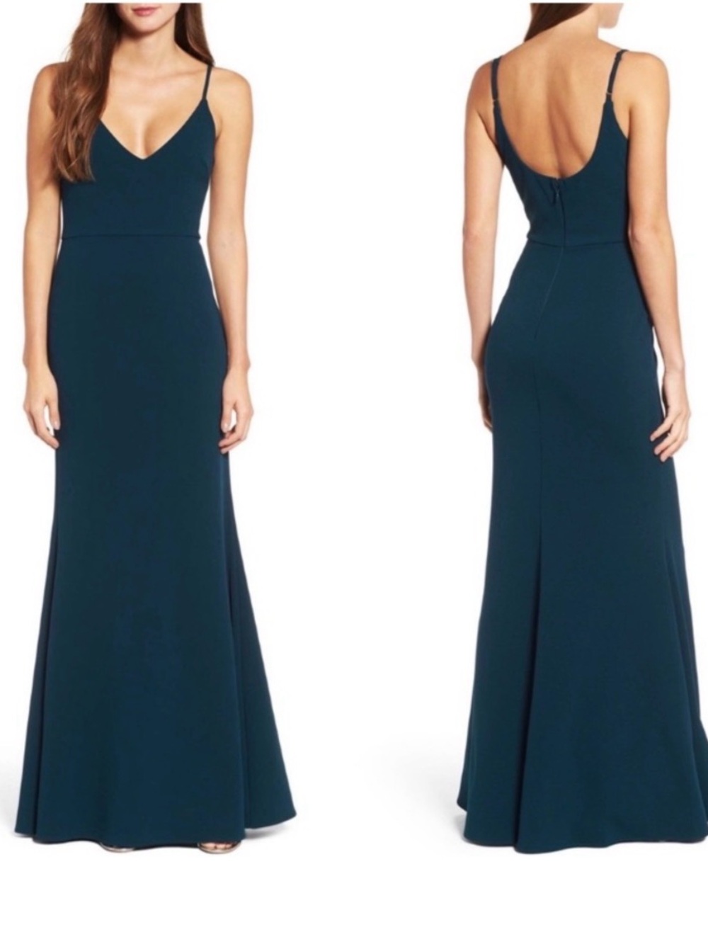 Lulus Spaghetti Strap V-Neck Emerald Green Evening Gown